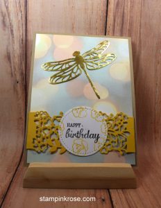 Stampin’ Up! Birthday card made with Dragonfly Thinlits and designed by Demo Pamela Sadler. See more cards at stampinkrose.com #stampinkpinkrose #etsycardstrulyheart